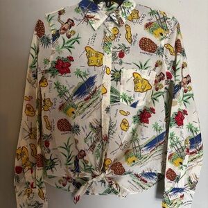 J. Crew Button Up LS Women’s Top Shirt Tie Waist Hawaiian Islands Floral Size XS